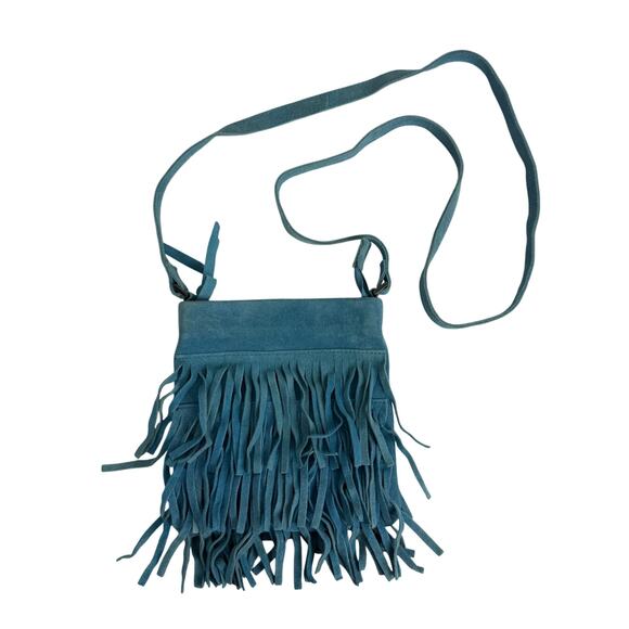 Vintage Turquoise Suede Fringe Crossbody Handbag Blue Leather - Picture 1 of 6